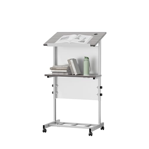 Podium Stand,Portable Lectern with 7 Adjustable Height Positions,Podium with Shelf and Cup Holder,Mobile Stand for Seminars and Schools (Silver Gray)