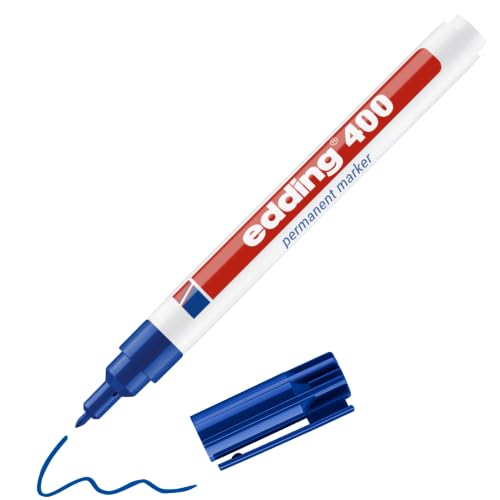 edding 400 Permanentmarker - blau - 1 Stift - feine Rundspitze 1 mm - wasserfest, schnell-trocknend - wischfest - für Karton, Kunststoff, Holz, Metall, Glas