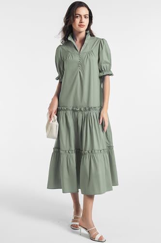 Image of D-Sun Women Casual Button Down Maxi Dress Short Puff Sleeves Stand Collar Tiered Elegant Flowy Swing Long Dress with Tie