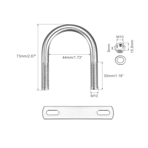 Image of uxcell Round U-Bolts, 2 Sets 44mm(1.73 inch) Inner Width 73mm Length M10 304 Stainless Steel U Clamp Bolt with Nuts Washers and Plates, for Boat Trailer