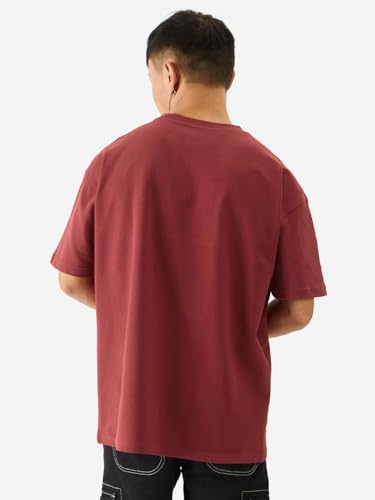 Image of The Souled Store No Social Battery Men and Boys Short Sleeve Round Neck Maroon Graphic Printed Cotton Oversized T-Shirts