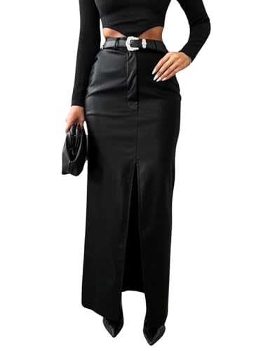 utcoco Womens Leather Skirt Slim High Waist Split Maxi PU Skirts