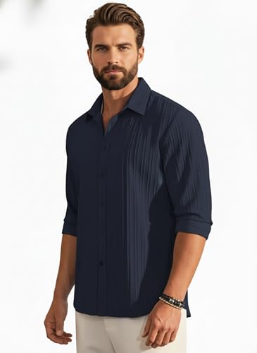 Image of Amazon Brand - INKAST Men's Casual Button Down Shirts Long Sleeve Linen Shirt Fashion Textured Beach Summer Shirt