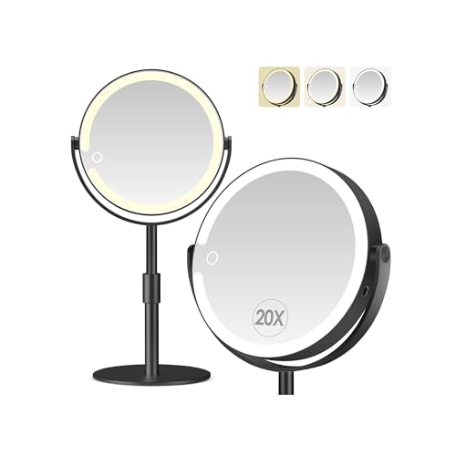 PEDOMIROR Led Makeup Mirror with Lights, 20X Magnifying Mirror, Rechargeable Magnified Makeup Mirror with 360°Rotation & Height Adjustable, Detachable Vanity Mirror(Black)