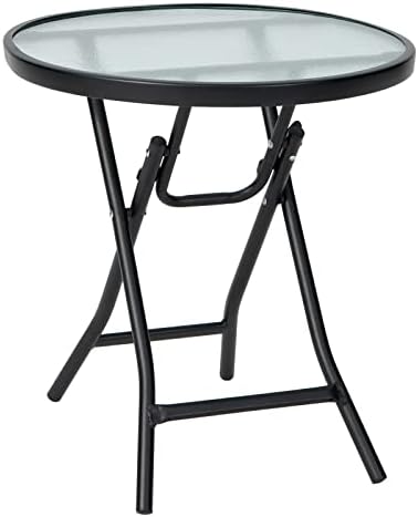 Tangkula Patio Bistro Table, 18" Round Side Table with Tempered Glass Tabletop, Rustproof Frame and Stable X-Shaped Structure, Folding Side Table for Indoor and Outdoor Use (Black)