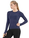 MathCat Seamless Workout Shirts for Women Long Sleeve Yoga Tops Sports Running Shirt Breathable Athletic Top Slim Fit Navy