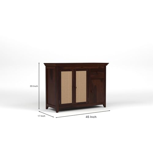 Image of PS DECOR Solid Sheesham Wood Sideboard Cabinet with Rattan Cane Doors & Storage Drawer | Multipurpose Storage Unit for Living Room & Dining Area (B-Walnut Finish)