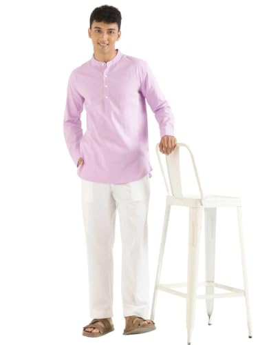 Image of SAADAA Men's Short Kurta - Linen Cotton Blend, Airy Fabric, Regular Fit, Mandarin Collar, Solid Color - Casual, Festive & Ethnic Wear