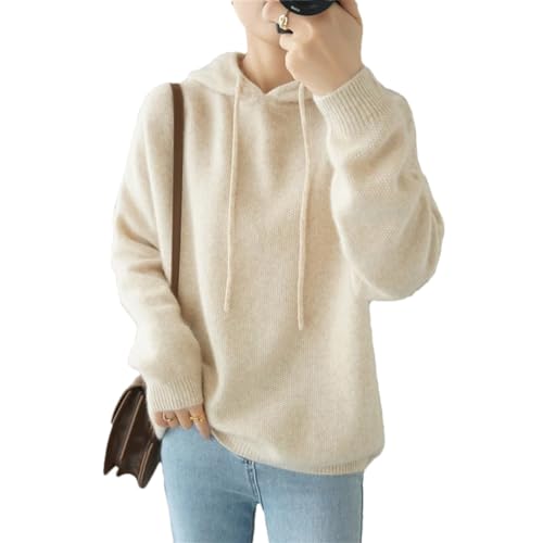 Wvapzxx Autumn Winter Women's Loose Casual Solid Color Knitted Hoodie Long Sleeve Pullover Sweater Beige