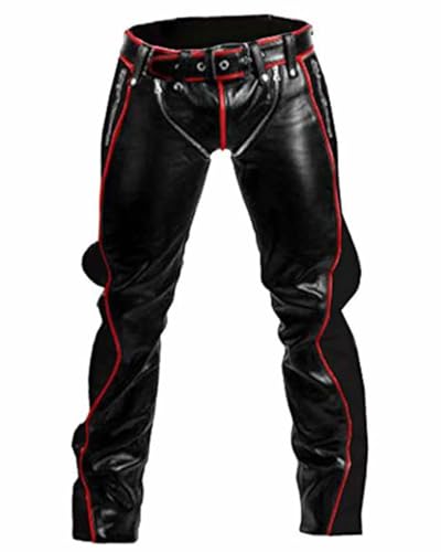 Men’s Heavy-Duty Real Black Leather Jeans – Bondage Style Trousers with Red Piping, Reinforced Build and Statement Fetishwear Design Garment Waist 34