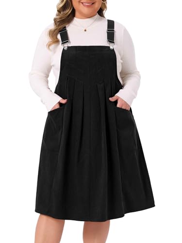 Agnes Orinda Übergröße, Cord-Latzkleid für Damen, plissiert, verstellbarer Riemen, Strapsrock, kurzer Overall, Schwarz, 2X