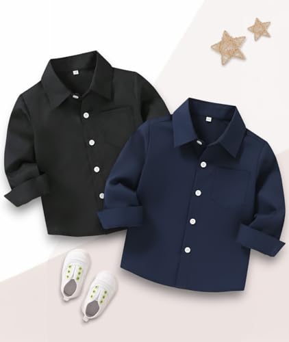 Image of Boys Shirt, Black and White Plaid and Light Blue Solid, Long Sleeve Button-Up, 2 Pack