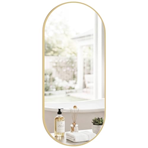 Image of NEWBULIG 24 inch x 48 inch Oval Bathroom Mirror, Gold Wall Mirrors with Metal Frame, Tempered Glass, Morden Vanity Mirror for Over Sink, Entryway, Living Room, Bedroom, Horizontal or Vertical