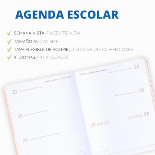 Miniatura 2 de Q Kalon - Agenda Escolar 2026 2027 - Septiembre A Junio, Semana Vista, A5 15x21 Cm , Idiomas Esp, Ing, Fra, Ale, Tapa Flexible De Polipiel Suave, Cierre De Goma Elástica, Con Pegatinas - Pink Mousse