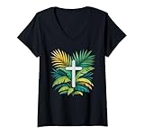 Women's Palm Sunday Cross Christian Religious Art Palm Art 2026 V-Neck T-Shirt