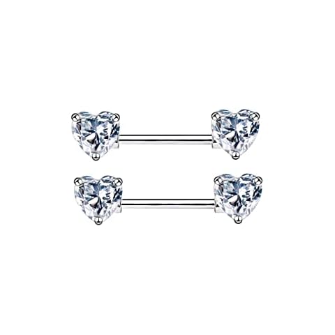 14G Dainty CZ Love Heart Nipple Rings Tongue Ring Surgical Steel Nipple rings Piercing Women Barbells 2Pcs 25/8"(16mm) (Silver - Style A) Cover
