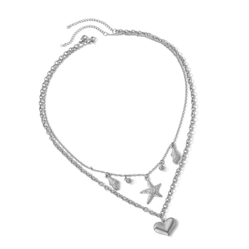 [ECVGHD] Women Double Layer Stainless Steel Necklace Heart Conch Necklace for Daily