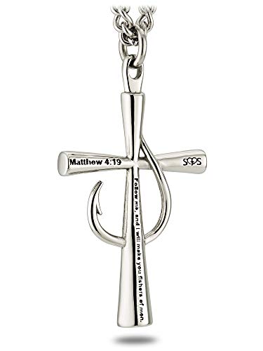 Shields of Strength Men's Cross Necklace Christian Pendant Chain - Matthew 4:19 Fish Hook Design Faith Jewelry Stainless Steel Men's Gold Cross3