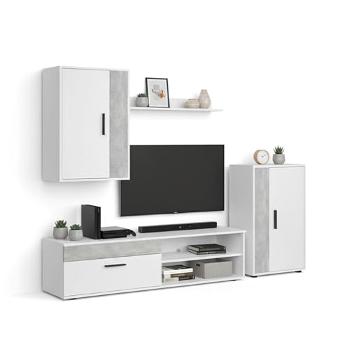 duehome | Mueble de Salón, Composición Modular de TV, Modelo: Lunet 190, Acabado en Blanco y Microcemento, Medidas: 140 cm (Largo) x 35 cm (Fondo) x 36,2 cm (Alto)
