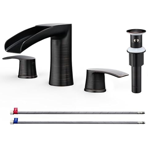 TIORIY ORB Waterfall Bathroom Sink Faucets - 2 Handle Bathroom Faucets with Drain for Sink 3 Hole, Widespread Bathroom Faucet with Pop Up Sink Drain Stopper, Oil Rubbed Bronze Cover