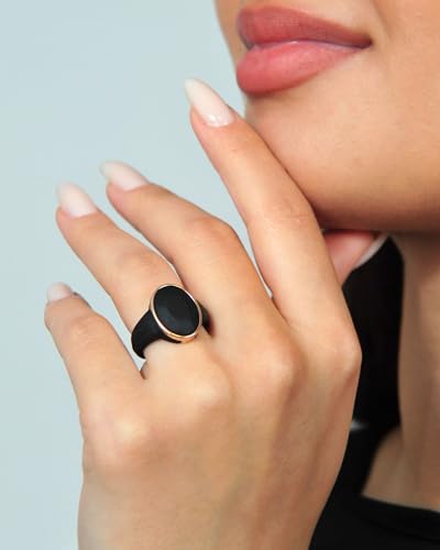 Rinfit Silicone Wedding Rings for Women - Rubber Engagement Bands - Stainless Steel Frame - Emerald Black/Pear Nude/Oval Black with Metal Rose Gold - Size 74