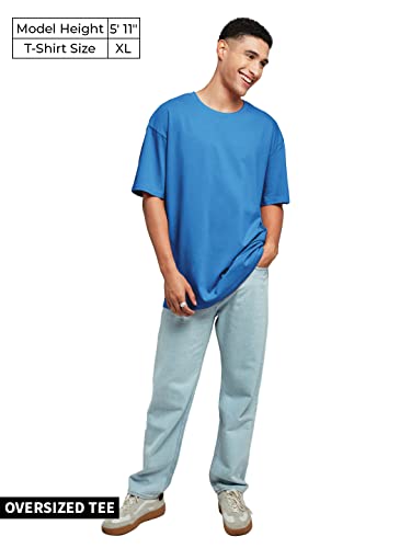 Image of The Souled Store Men Basic Ocean Blue Solid Oversized T-Shirts