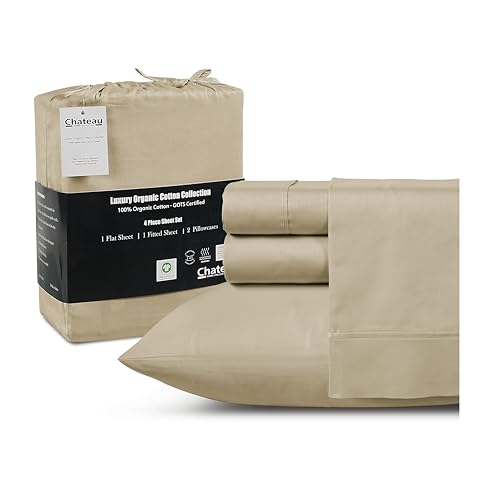 300TC 100% Organic Cotton Twin XL Size Sheets Set, XL Twin Bed Sheets Luxury Hotel Collection Fully Elasticated Sheet & Pillowcase Sets, Machine Washable No Pill Fade Resistant-Tan