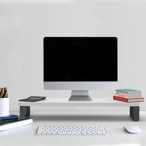 Image of Wooden Computer Monitor Stand Riser | Desktop Organizer for Monitor, Laptop & TV | Ergonomic Height | Space Saving Desk Shelf (White, Metal Legs)