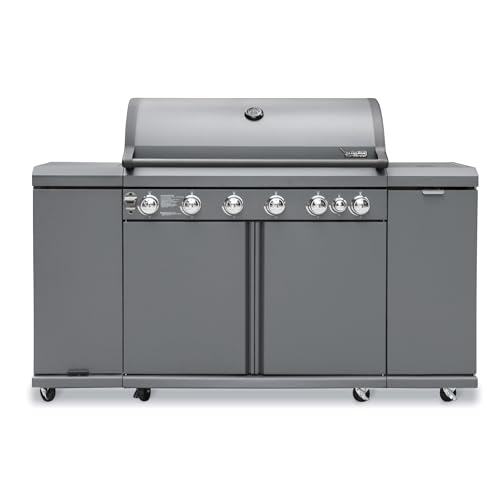 Brand-Man 6-Burner Gas Outdoor Kitchen Grill Island with Side Burner - 72,000 BTU Stainless Steel BBQ Grill Station with Storage Cabinets, Fold-out Prep Table, LPG/NG Convertible, Gray