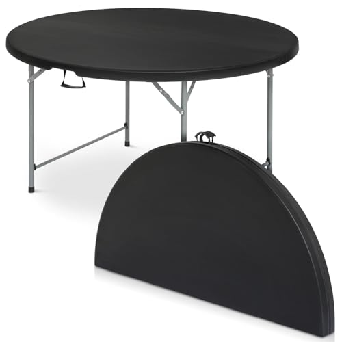 OS MOTOR 54 Inch Round Folding Table with Carry Handle, Portable Heavy Duty Plastic Utility Table with Steel Legs for Party, Wedding, Camping, Indoor, Outdoor Event, Black