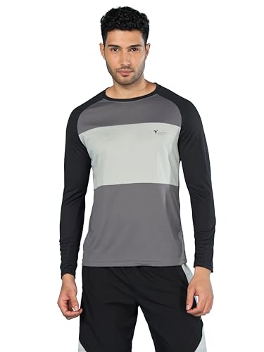 Image of TECHNOSPORT Men's Slim Fit Polyester Color Block Athleisure Crew Neck T-Shirt with Full Sleeve, Moisture Wicking and Quick Dry