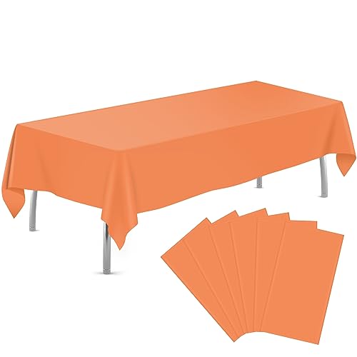Image of tujol Orange 6 Pack Plastic Table Cloth 54 inch x 108 inch, Disposable Tablecloths Rectangle Table Cover, Plastic Tablecloths for Parties