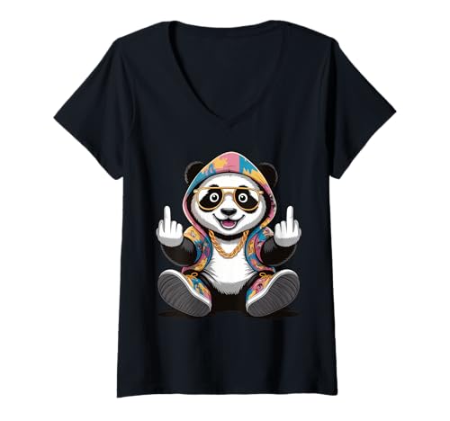 Femme Cool & Funny Panda Design Humour Doigt d'honneur T-Shirt avec Col en V