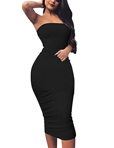 BORIFLORS Women's Basic Sleeveless Tube Top Sexy Strapless Bodycon Midi Club Dress,Medium,Black