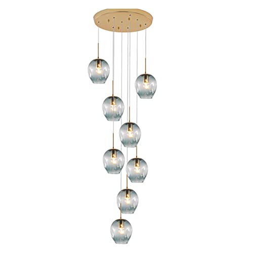 Staircase Chandelier for Villa,Mid Century Pendant Light with Handblow Glass Globe,Long Ceiling Light Adjustable Height,Stainless Steel Base,Modern Large Chandelier(8 Lights, Blue)