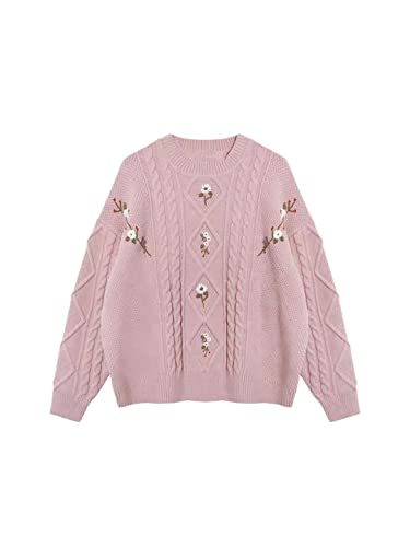 Fashion Flower Embroidered Women's Crew Neck Sweater Top Prep Pink