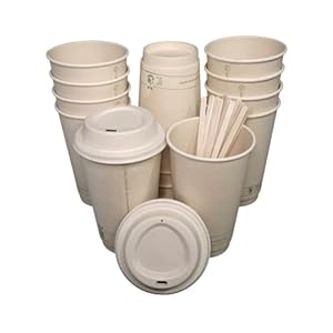 Certified Compostable Coffee Cups by Living Balance | 16oz – 75 cups with Compostable Bagasse Lids, Stirrers, and Integrated Sleeves