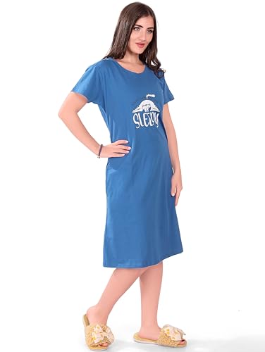 Image of Printed Knee Length Pocket Night Dresses for Women | Cat Lovers | Premium Soft Cotton Nighty | Sky Blue