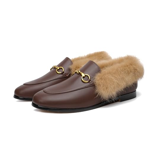 Image of Vertundy Brown Loafers Fur Loafers for Women Low Heel Flats Loafers