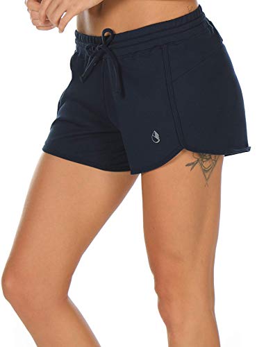icyzone Athletic Lounge Shorts for Women - Running Jogging Workout Cotton Sweat Shorts (L, Navy)
