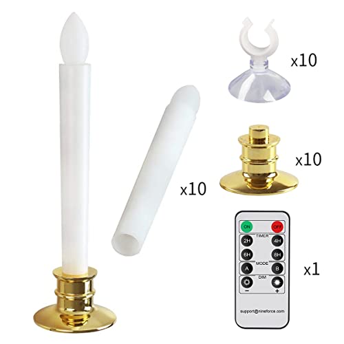 Image of 10 Pack Flameless Taper Candles with Remote /Timer & Suction Cup, Battery Operated Flickering LED Window Candles, Vintage Christmas Electric Fake Candlesticks, Golden Holder