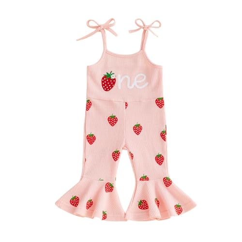 MAHUAOYIXI Newborn Baby Girls First Birthday Outfits Letter Animal Strawberry Embroidery Sleeveless Romper Square Collar Jumpsuits Toddler Infant Girls Clothes Birthday Gift (Red 12-18 Months)