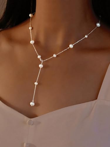 Dainty Pearl Necklaces for Women 925 Sterling Silver Simple White Pearl Drop Y Long Pendant Necklace Pearls Gold Choker Necklace for Mother Bride Birthday Wedding Jewelry Gift4