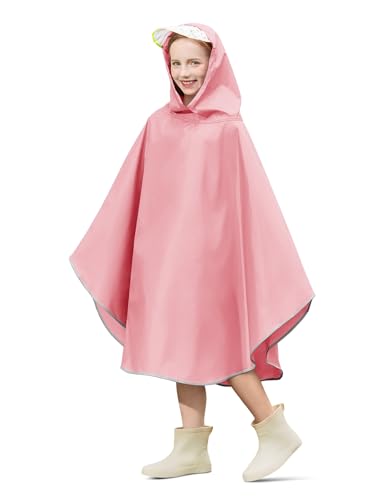 Image of Haloumoning Kids Hooded Rain Poncho Girls Waterproof Lightweight Reusable Raincoat Jacket 4-14 Years