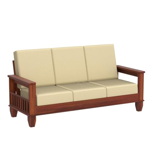 Image of Solid Sheesham Wood 3-Person Sofa Furniture Sofa Set for Home Living Room || Wooden 3 Seater Sofa with Cream Cushion for Office and Hall-Customer Side Self Assembly (Honey Finish)