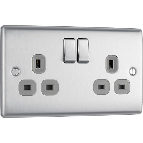 BG Electrical Double Switched Power Plug Wall Socket, Nexus Metal, Brushed Steel, Grey Inserts, 13A, NBS22G