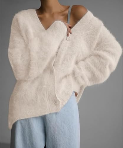 Image of Womens Fuzzy Sweaters Cardigan V-Neck Button Down Oversized Mohair Sweater Casual Y2k 2026 Fall Winter