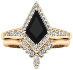 1CT-6CT Kite Shaped Black Onyx Bridal Ring Set Black Diamond Yellow Rose White Gold Halo Engagement for Women Unique Stone Vintage Promise Ring Vintage Ring Set