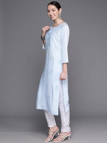Image of INDO ERA Women's Floral Chikankari Work Viscose Rayon Calf Length Straight Kurta (23AGS7314)