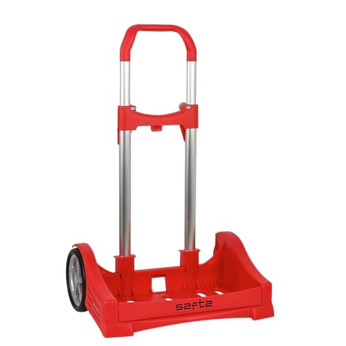 SAFTA | Carro Portamochilas Evolution Plegable Maleta Rojo, 40x28x85 cm Abierto, Ruedas 14 cm Silenciosas Antivibración, Sujeción Universal, Asa Extraíble, Aluminio y Polipropileno